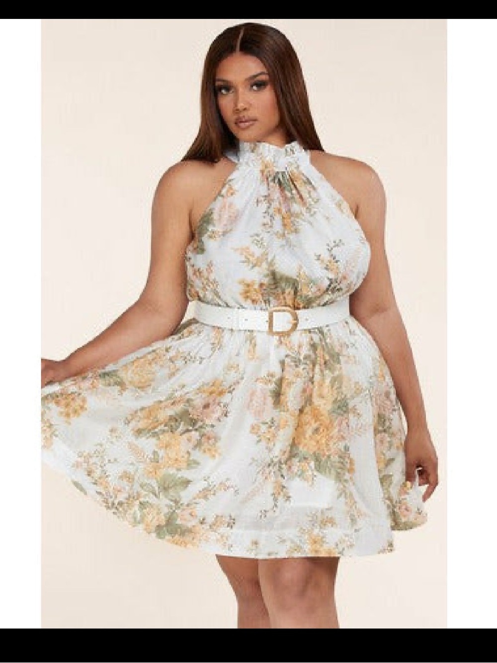 Floral Halter Neck White & Yellow Summer Dress